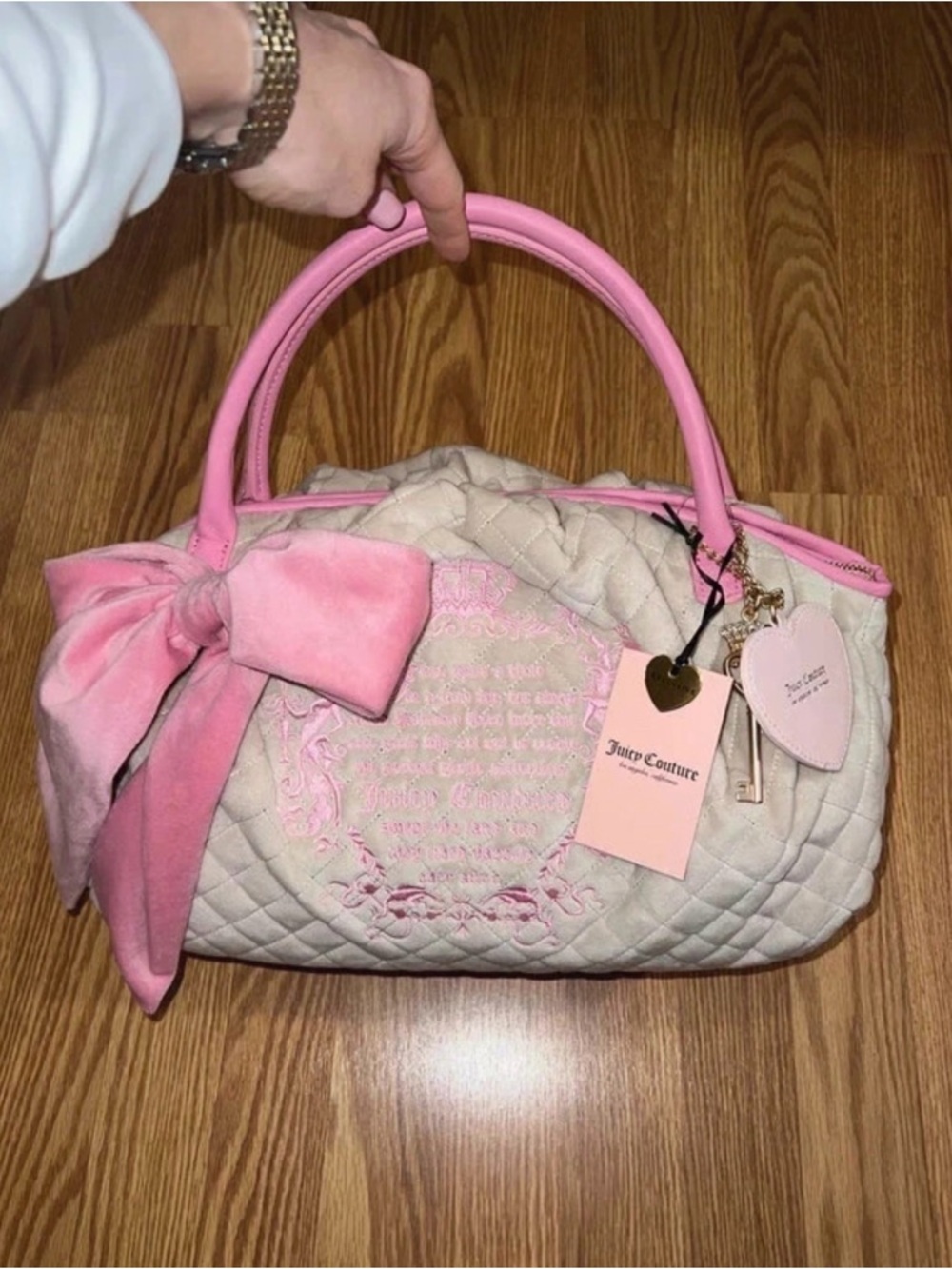 Juicy Couture Cream Quilted Satchel with Pink Trim & Bow